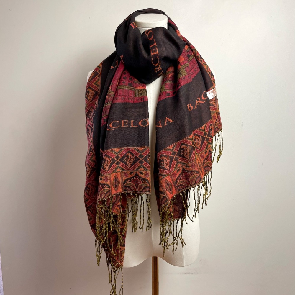 Barcelona Scarf Pashmina Shawl Cashmere Black Brown Fringe Wrap Travel European